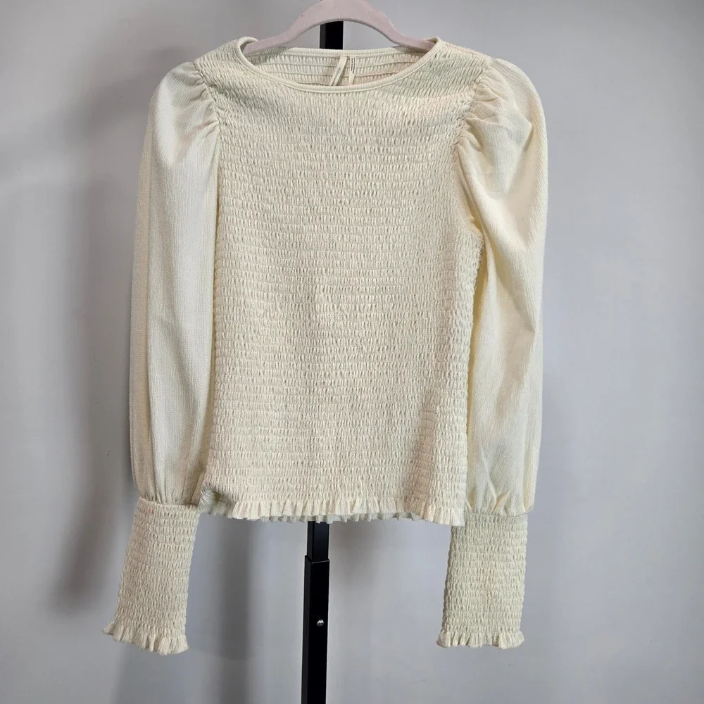 Anthropologie Smocked Puff Sleeve Top Cream Off White OB1425048 Women Small FLAW